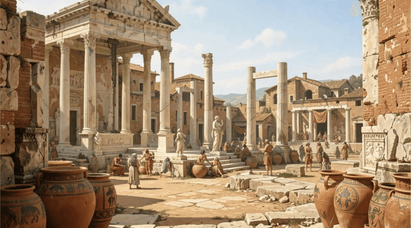 Un forum romain avec-un temple et des amphores étrusques