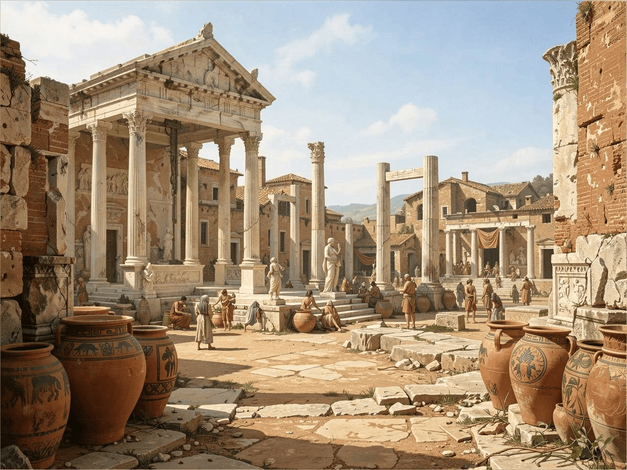 Un forum romain avec-un temple et des amphores étrusques