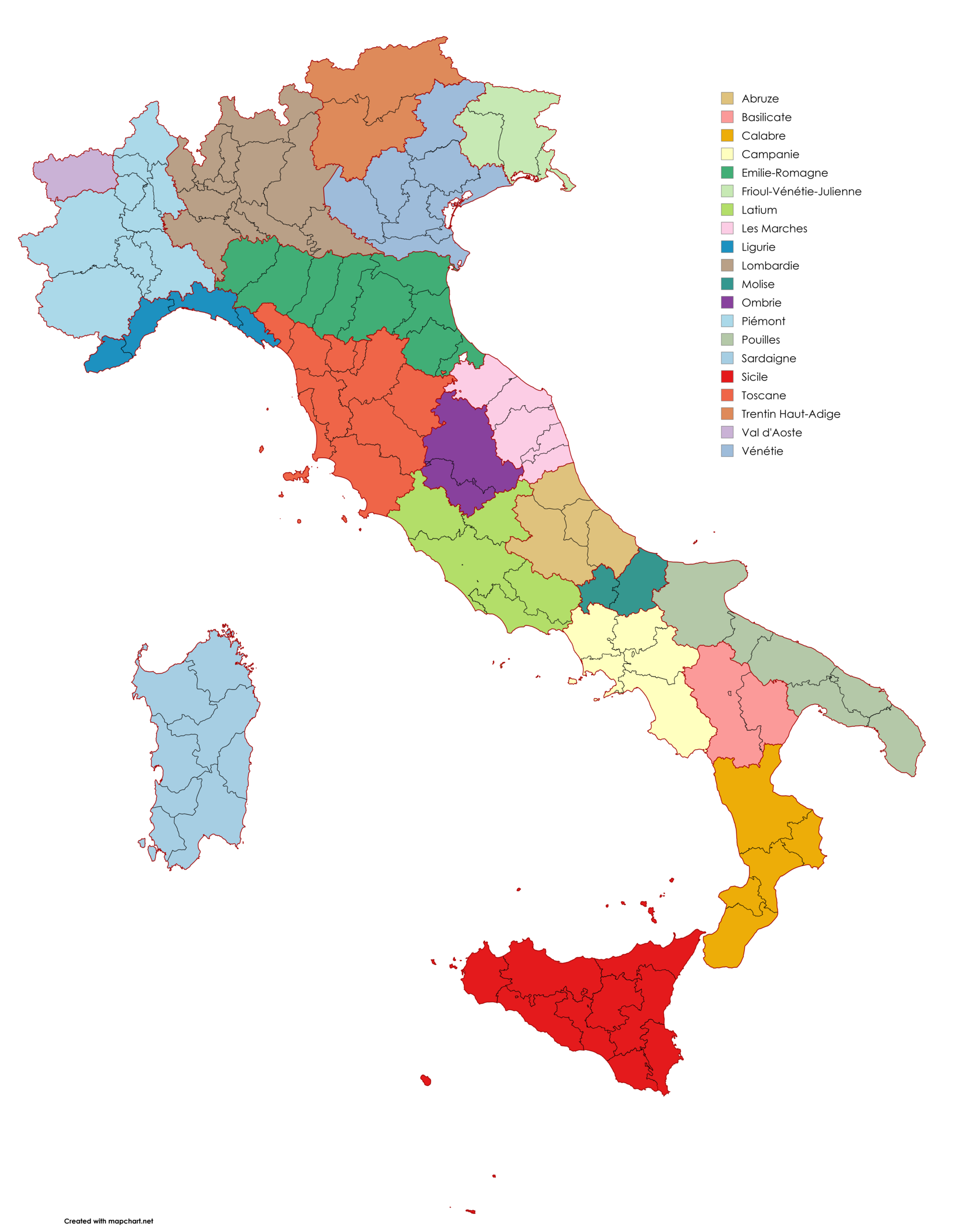 Régions d'Italie avec les provinces