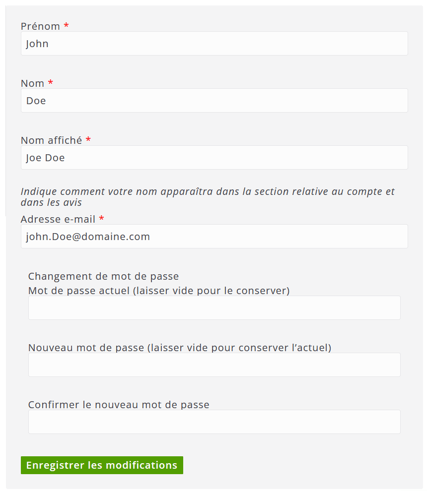 Formulaire - Mon compte